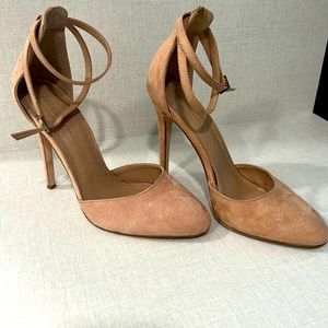 ASOS: suede ash rose heels with ankle straps; size 7; 4.5 inch heel.